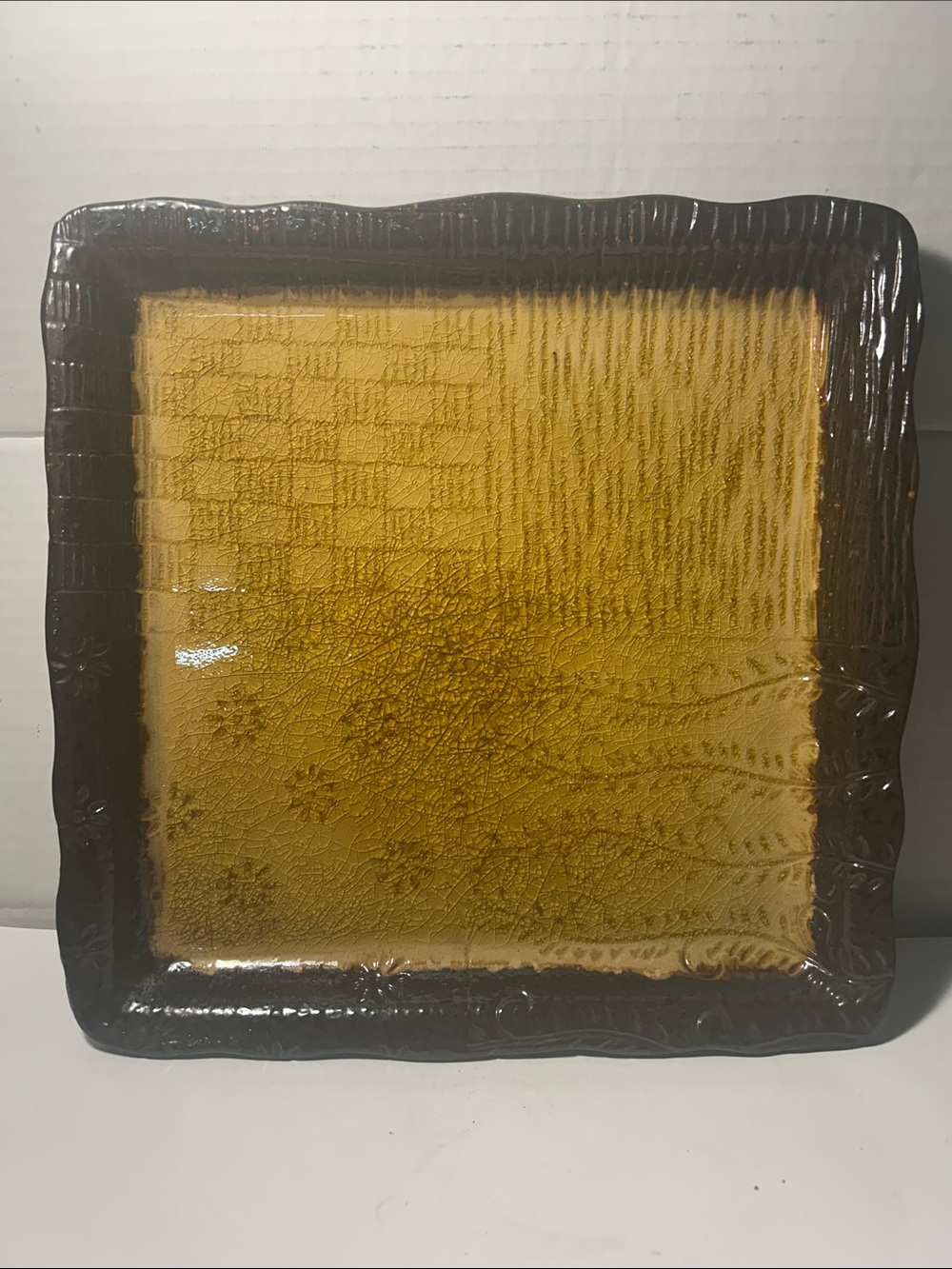 Square Amber Glass Decorative  Plate with Dark Brown Rim 12x12 inch